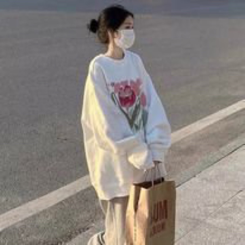 Áo sweater trắng hoa hồng FVSEZO chất nỉ ngoại form thụng tay bồng thu đông unisex Nhungkudostore