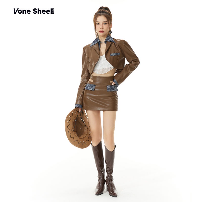 Set Áo Khoác Da Tay Dài Phối Chân Váy Ôm Hông Thời Trang Mùa Thu Mới