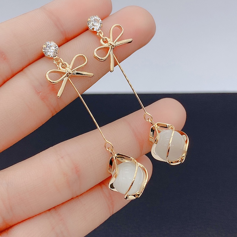 1 Đôi Bông Tai Dài Hình Nơ Đính Đá Opal Sang Trọng Dành Cho Cô Dâu