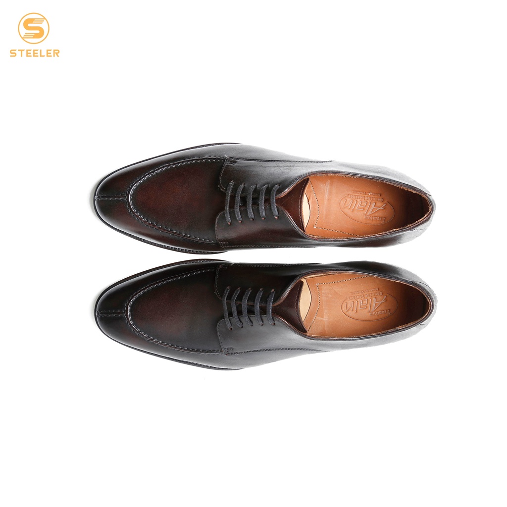 Giày Tây Cổ Thấp Nam Derby Split Toe Alain Nâu Đỏ Da Bò Cao Cấp Đế Gỗ Bọc Da - Thương Hiệu Alain Shoemaker