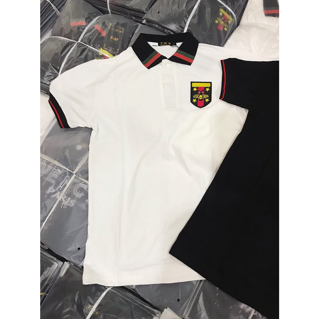 Áo thun nam cổ trụ tay ngắn thêu logo ngực phối vai , viền tay cổ áo chất cotton thoáng mát thời trang mùa hè hot trend
