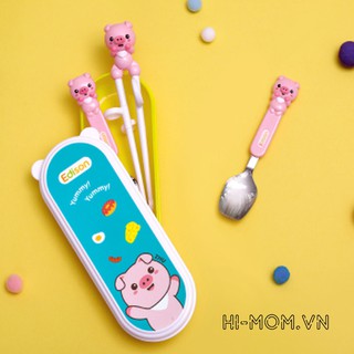 Bộ hộp, đũa, muỗng, nĩa hình chú heo con EDISON Little Pig 4-piece Case Set (for right hand), Hàn Quốc