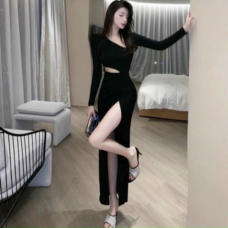 Đầm body xẻ đùi khoét eo sexy tay dài
