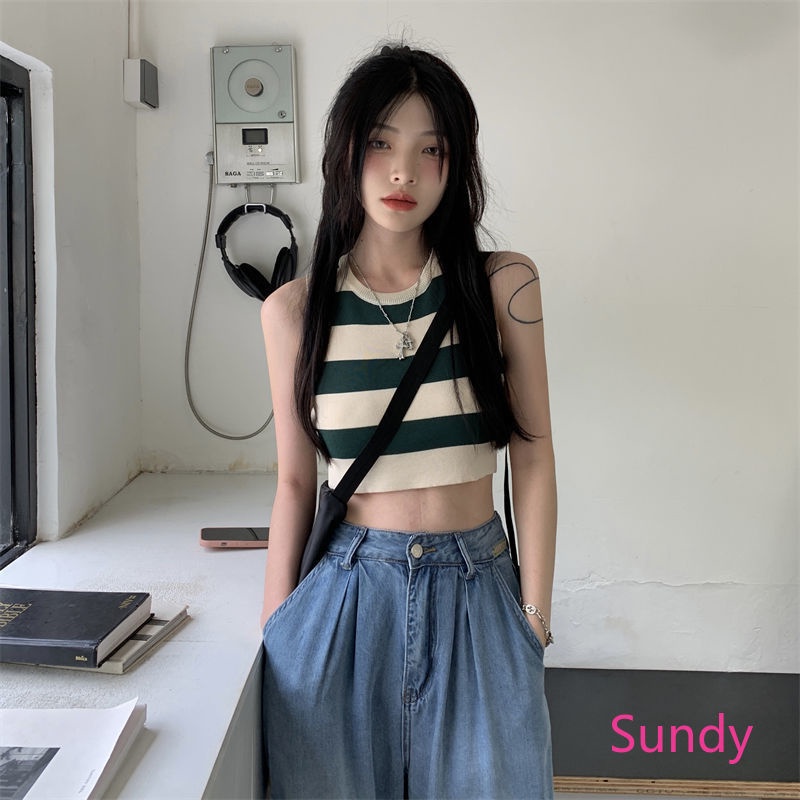 Áo Croptop Dệt Kim Sát Nách Kẻ Sọc Thời Trang Mùa Hè Cho Nữ