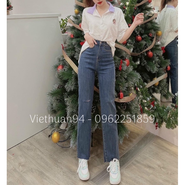 Quần jeans ống đứng rách 2 cạp cao chất dãn phom đẹp