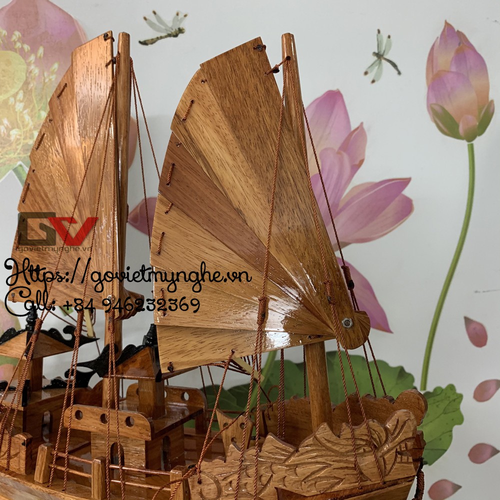 Mô hình thuyền gỗ trang trí nhà cửa Tàu buôn cổ Hạ Long Rồng - Gỗ Hương - Thân tàu dài 40cm - Buồm gỗ