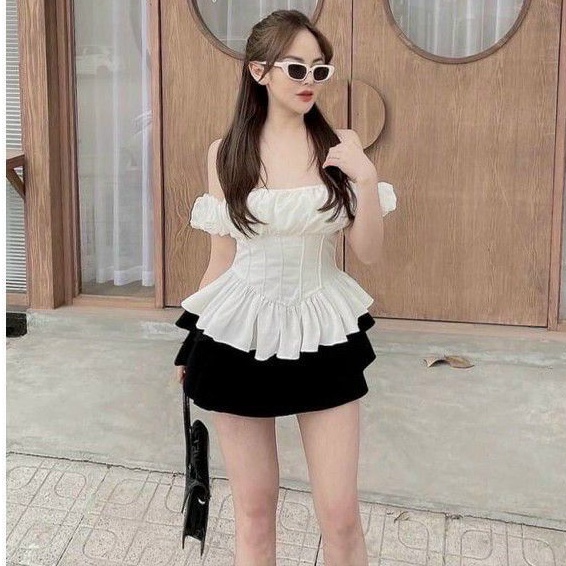 Áo trễ vai cúp ngực nhún sau viền bèo siêu hot(New022)