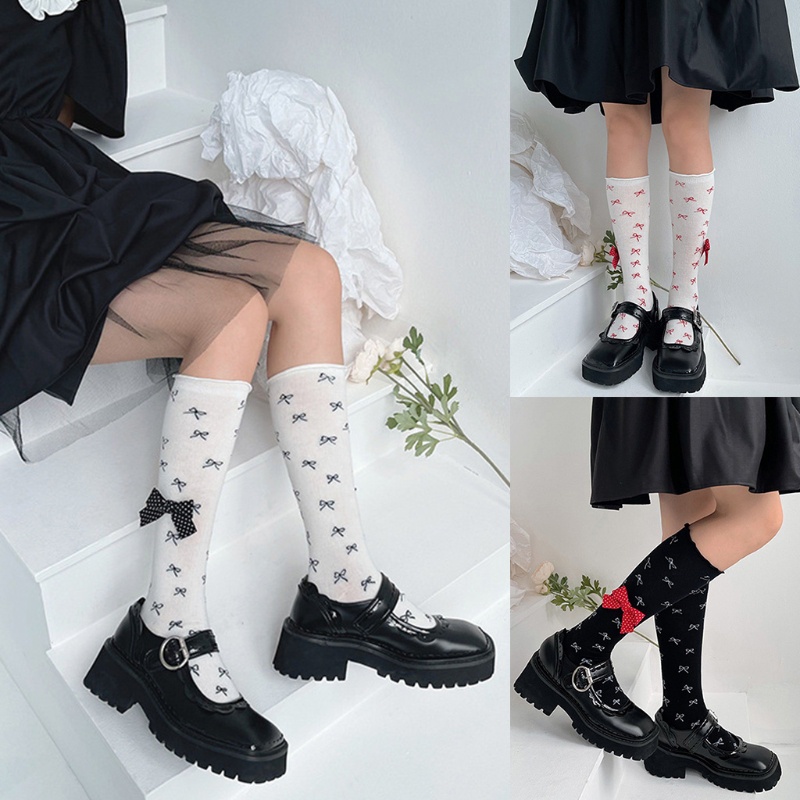 Vớ Cotton Co Giãn Phối Bèo Đính Nơ Họa Tiết Chấm Bi Phong Cách Lolita Dễ Thương Cho Nữ