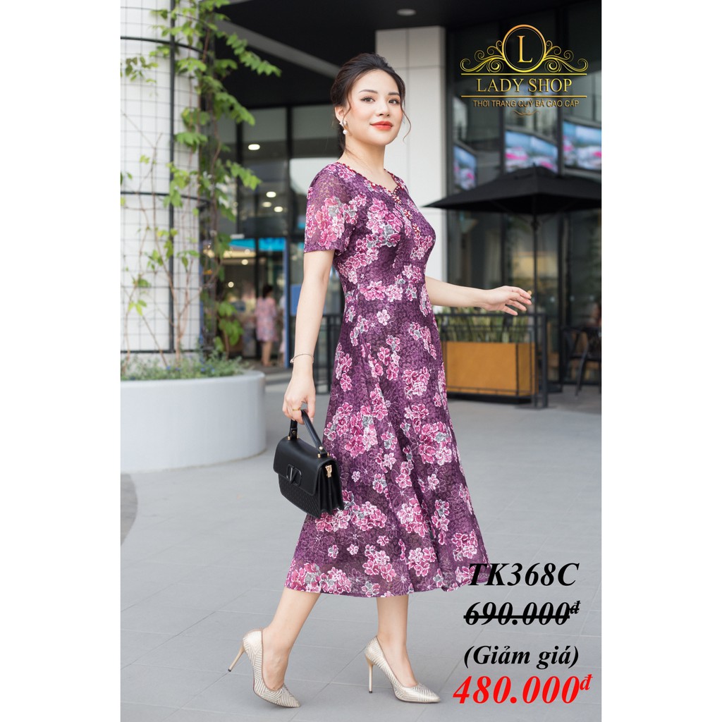 Thời trang trung niên -  Đầm quý bà cao cấp - Ladyshop - Đầm maxi ren nhũ cổ đính đá TK368