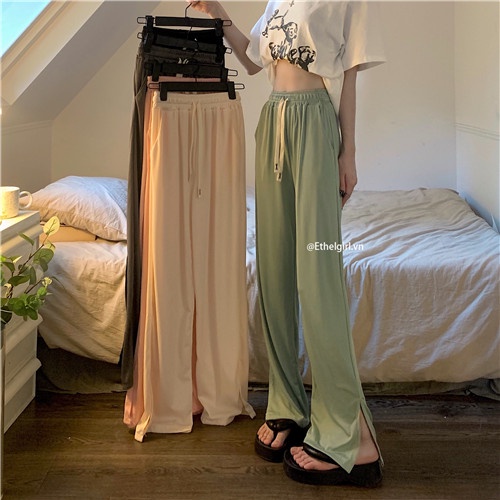 Quần ống rộng Lưng Cao Vải Lụa Mát Mỏng Phối Dây Rút 5 Màu Sắc Trẻ Trung