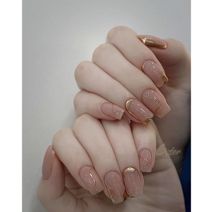 Nail Box Set 10 Ngón H7 Nền Thạch Nhẹ Nhàng Kết Hợp Vẽ Gel Nổi Tráng Gương Vàng