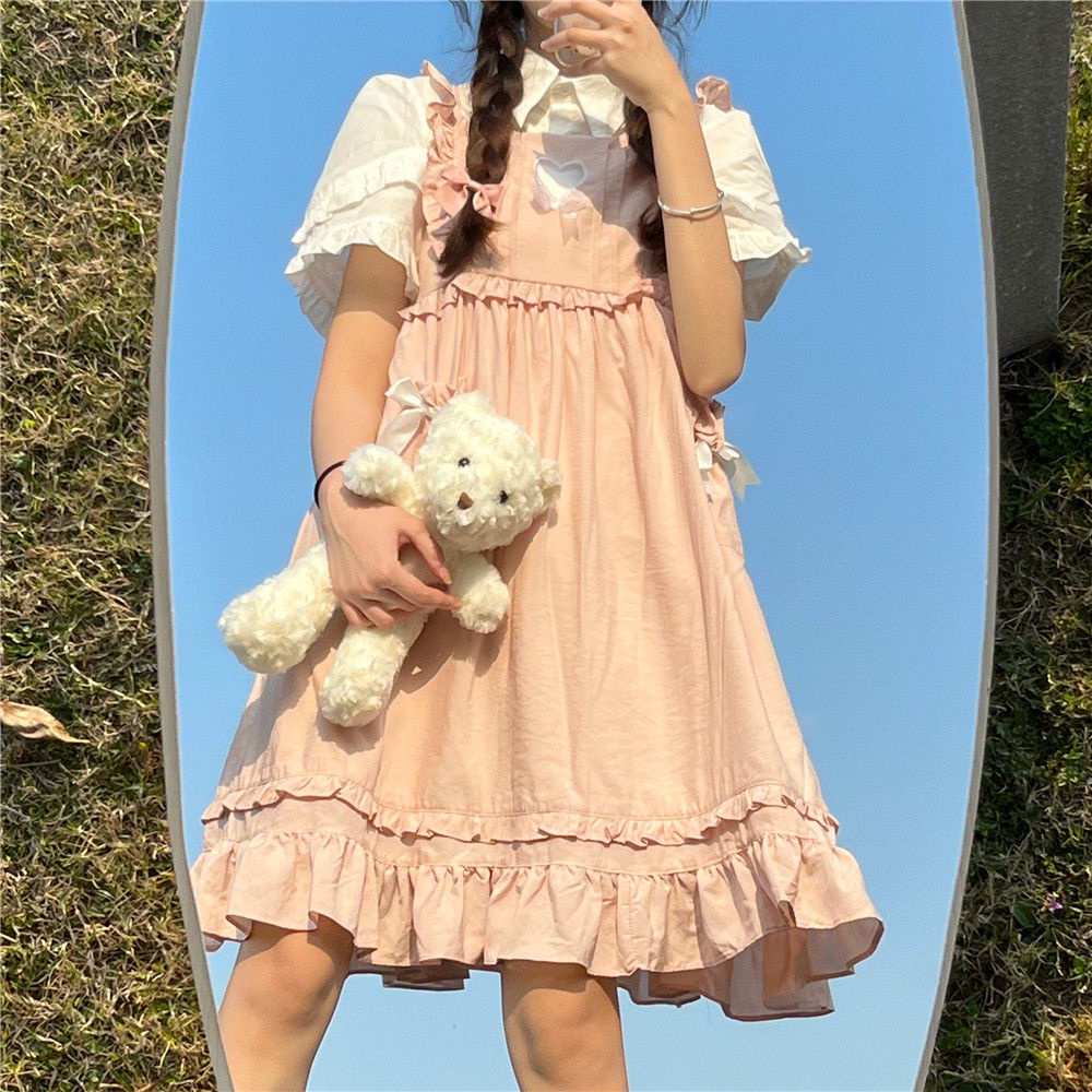 Bộ đầm lolita hai dây đính nơ và áo thời trang mùa hè mới dành cho nữ sinh