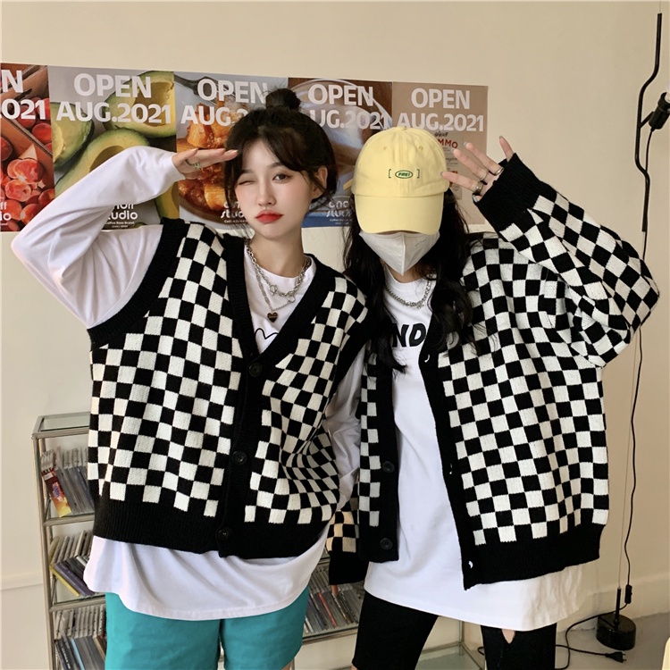 Áo khoác cardigan nữ kẻ caro đen trắng - Chất len mịn, dày dặn, vừa ấm vừa sành điệu