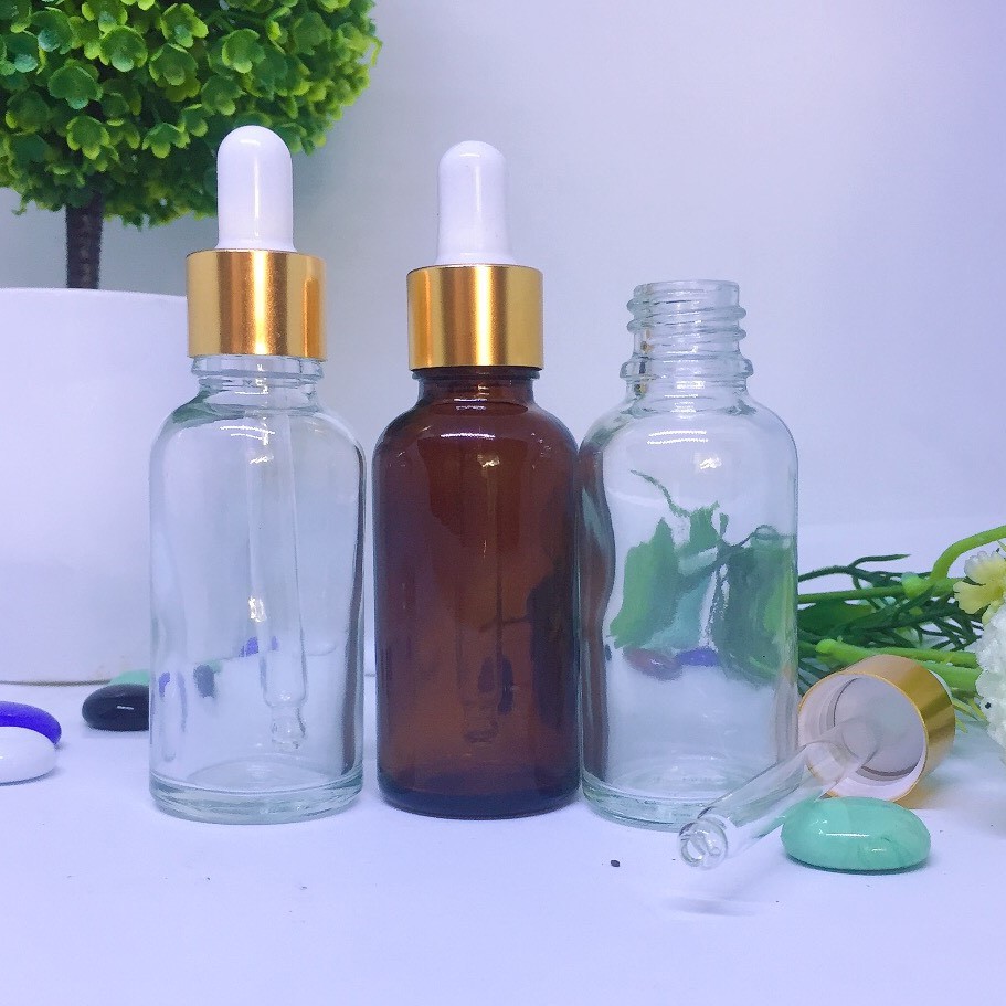 10 Chai thủy tinh TRONG / NÂU serum nắp bóp vàng 30ml _ChaiLoHuMyPham