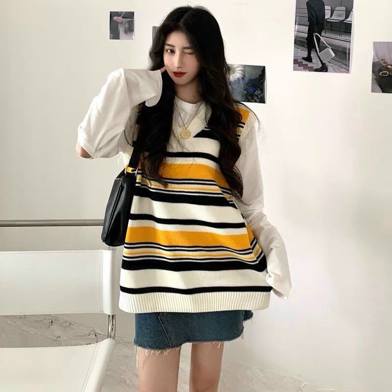 [ẢNH THẬT]  Áo Gile Len Hàn Quốc Unisex Họa Tiết Kẻ Sọc Ngang  Phong Cách Vintage Nam Nữ Năng Động Form To
