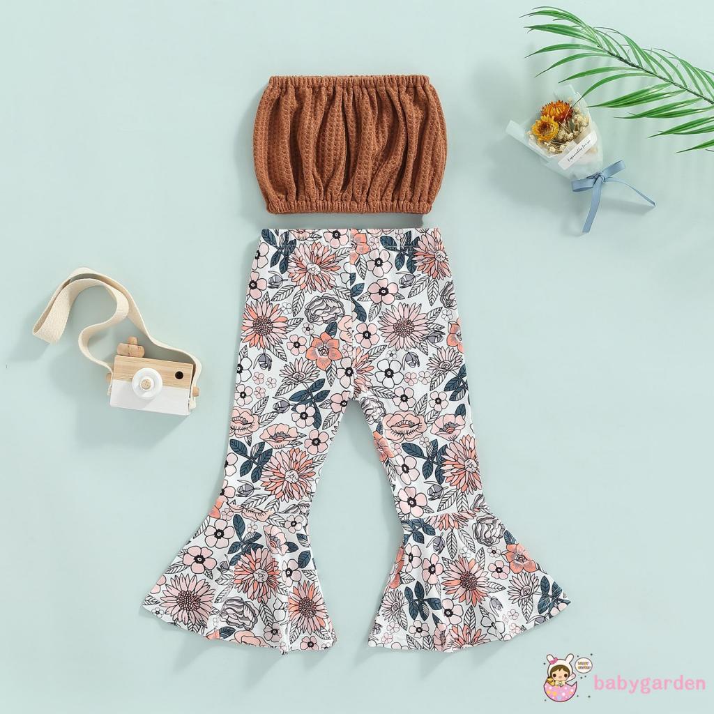 BABYGARDEN-1-6 Years Baby Girl Summer Outfit, Solid Color Sleeveless Strapless Short Tops+ Floral Print Suspender