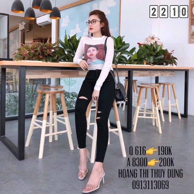Quần Jean Nữ Skinny Màu đen rách đùi Ống Bó Ôm Dáng Dài Cạp Lưng Cao Chất Co Dãn Cao Cấp