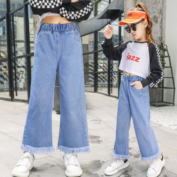 Quần jean dài ống rộng tua rua thời trang xuân thu dành cho bé gái