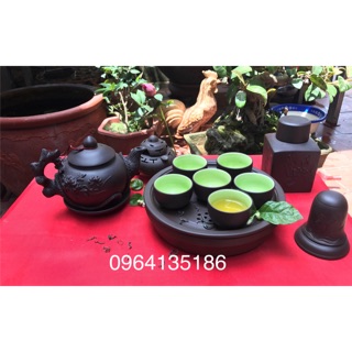 Bộ ấm chén tử sa đắp nổi hoa phù dung