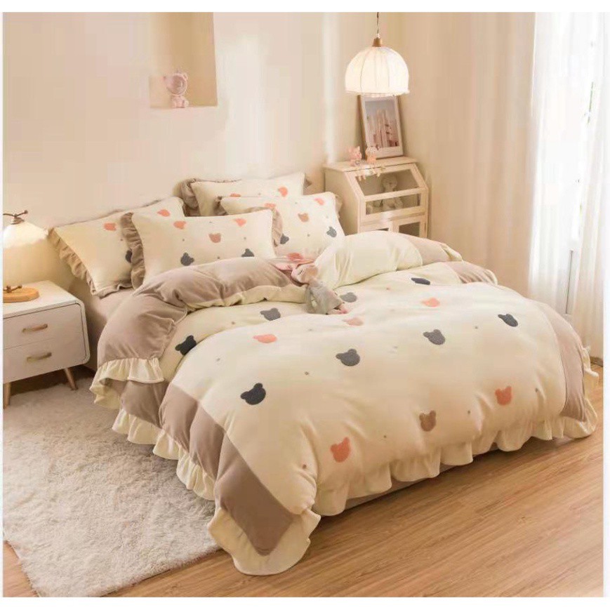 [LOẠI 1] Bộ Chăn Ga Gối tim 4 Món Nỉ Nhung mịn tuyết sữa Thêu Viền Bèo xinh xắn dầy dặn, siêu ấm Giá rẻ
