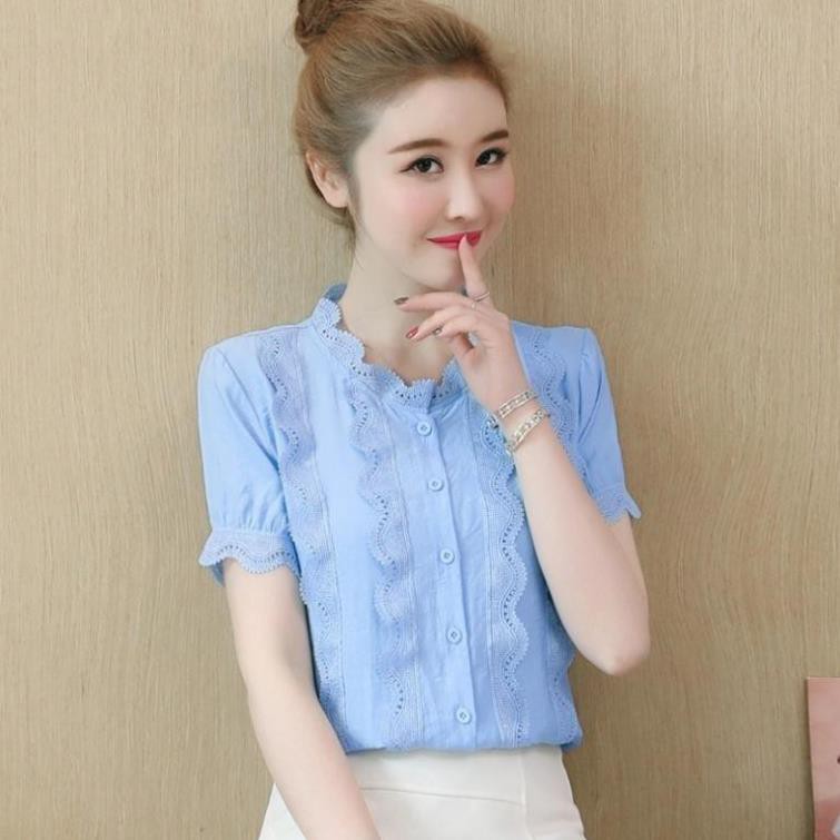 Áo sơ mi cổ trụ viền ren ngắn tay xinh xắn