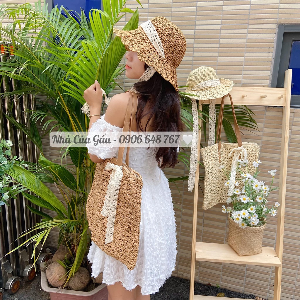 Mũ cói dây ren cột nơ mới vành thưa cưng xĩu xĩu luôn