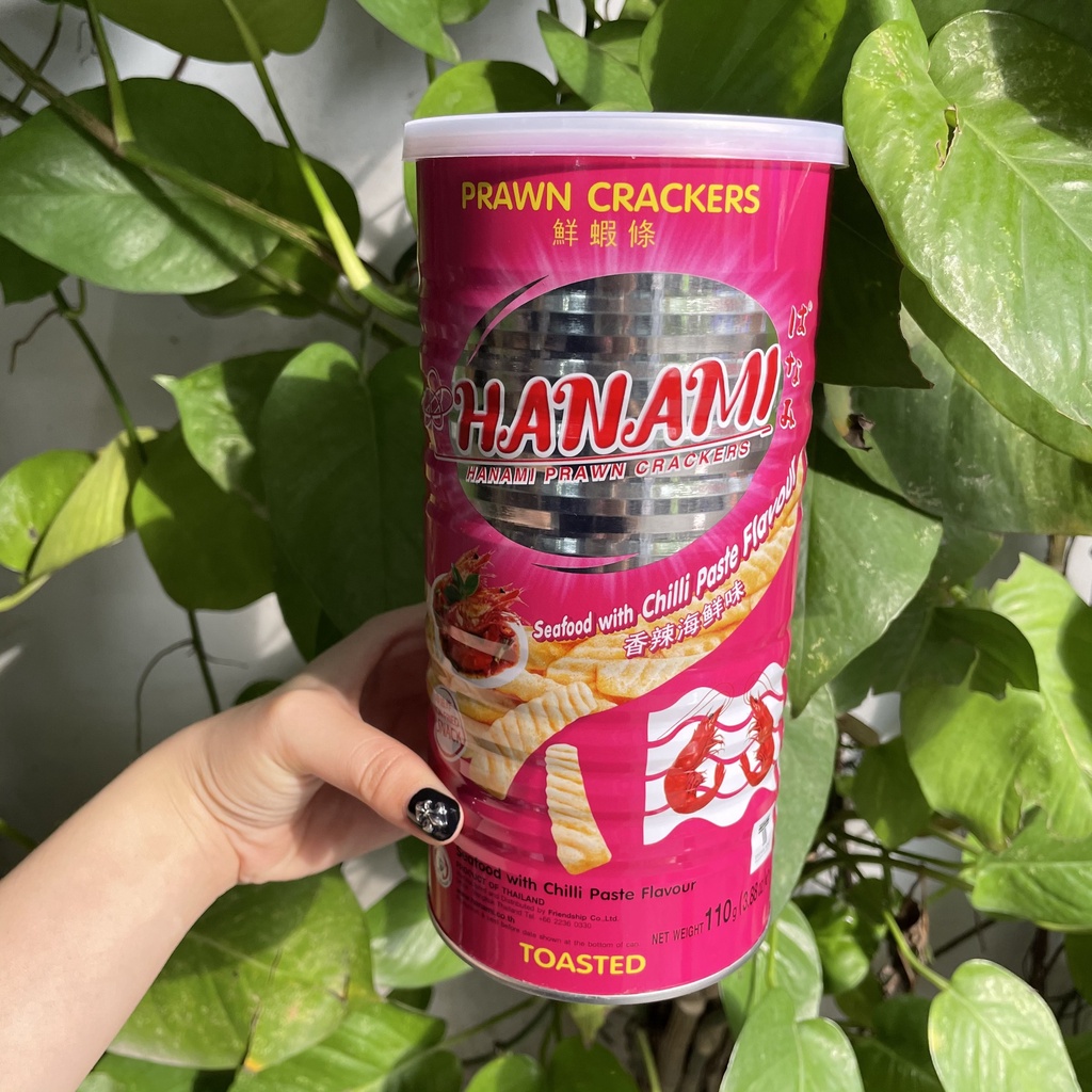 Snack Tôm Hanami Thái Lan Vị Hải Sản Sốt Tương Ớt Hanami Prawn Crackers (Lon 110g-hồng)