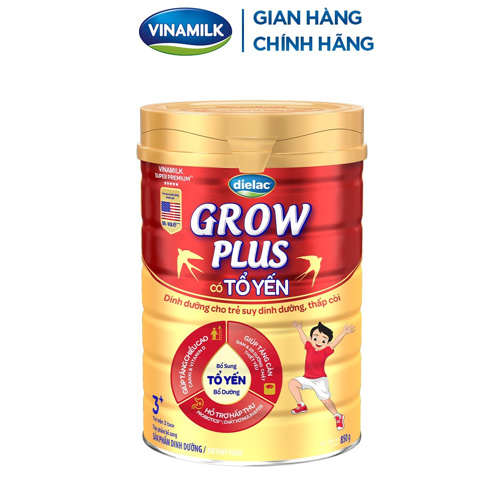 Sữa Bột Vinamilk Dielac Grow Plus Có Tổ Yến 850g (cho trẻ trên 3 tuổi) - Hỗ Trợ Trẻ Suy Dinh Dưỡng, Thấp còi