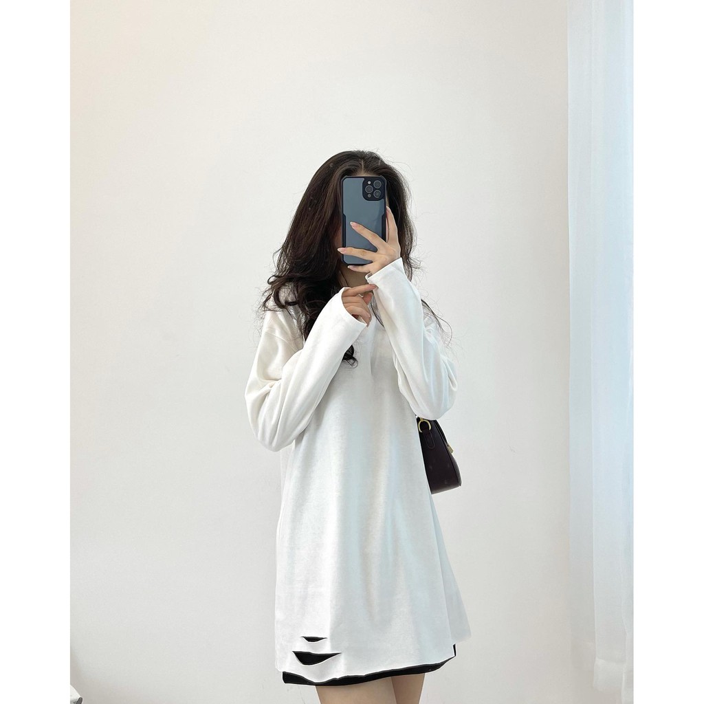 Áo thun dài tay trắng trơn rách gấu áo Ulzzang