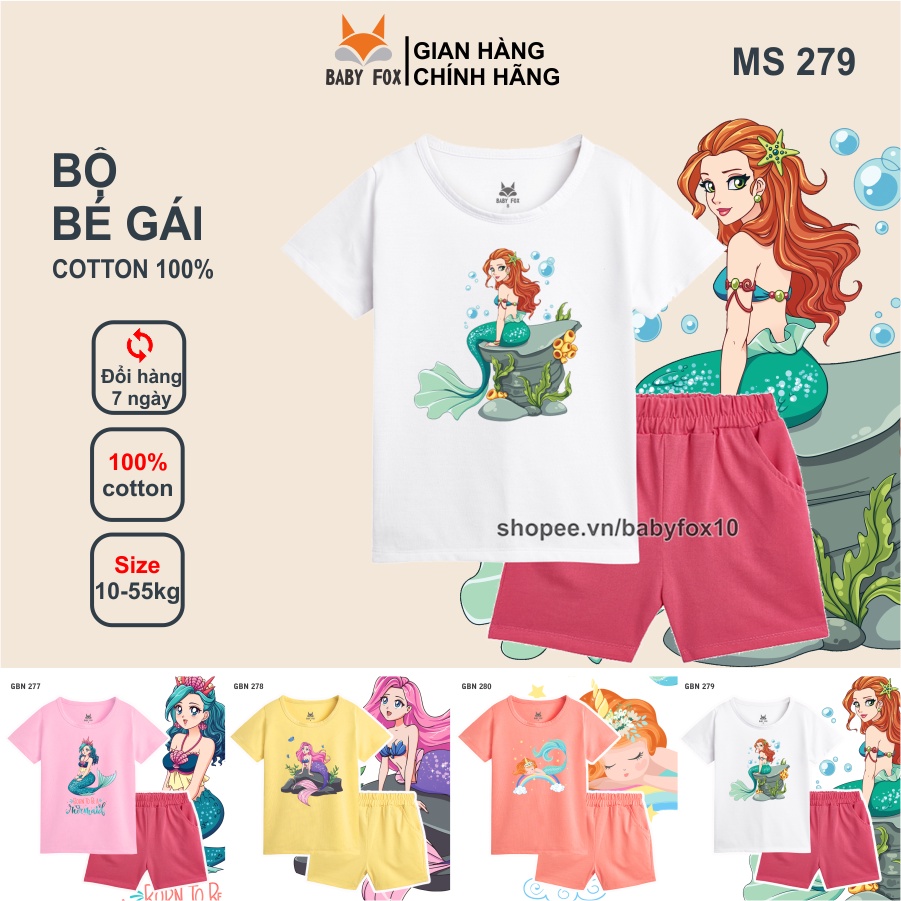 Bộ thun bé gái 100% cotton vải tốt, thương hiệu BABY FOX, in hình nàng tiên cá, size nhỏ, trung, đại c