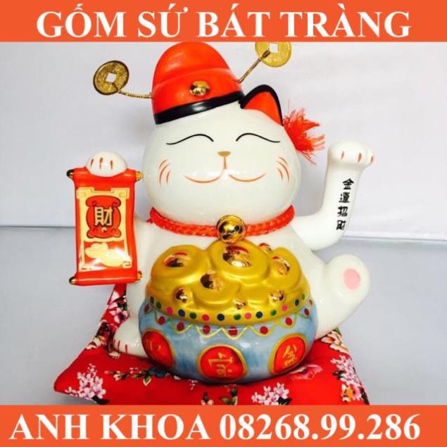 Mèo thần tài râu cao 22cm - Gốm sứ Bát Tràng Anh Khoa