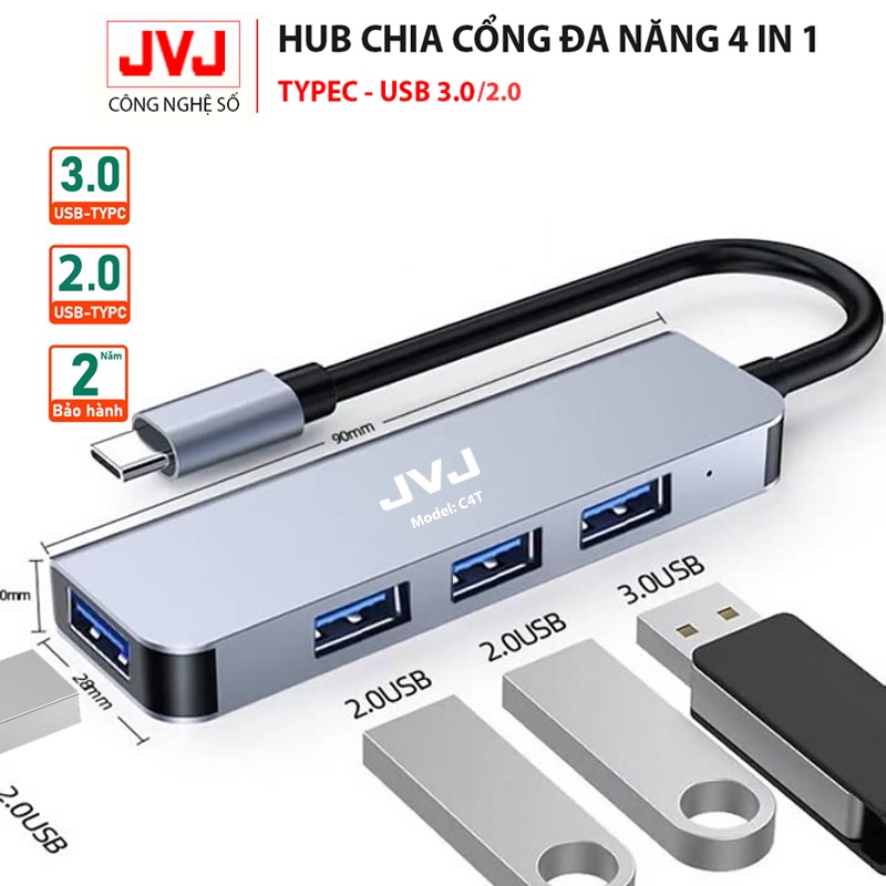 Hub USB typec C4 JVJ 4 trong 1 cổng chuyển đổi chia cổng Type-C/USB sang USB 3.0/2.0 cho MacBook laptop - Bảo hành 2 năm