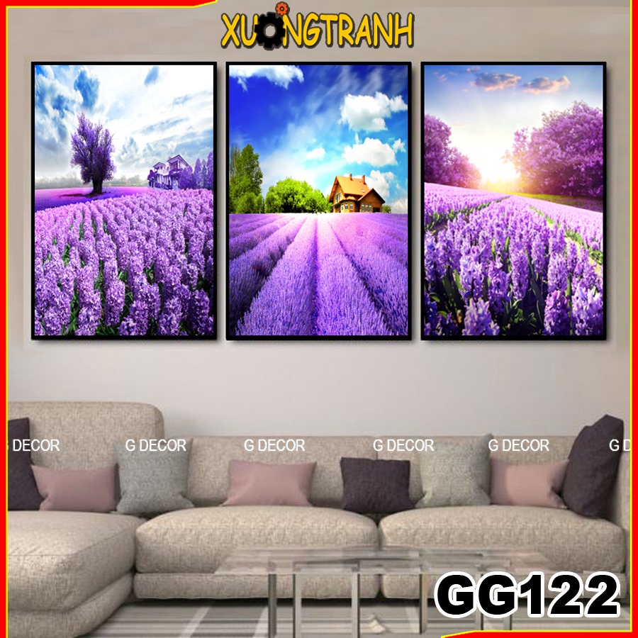 Tranh treo tường canvas 3 bức phong cách Bắc Âu 122, tranh vườn hoa trang trí phòng khách, phòng ngủ, phòng ăn