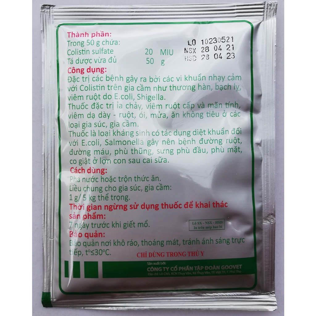 1 gói Colistin 50g Dùng cho gia súc, gia cầm, chó, mèo