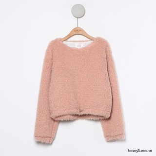 Áo len BEST lông hồng nude cổ tròn tay dài dáng croptop lửng