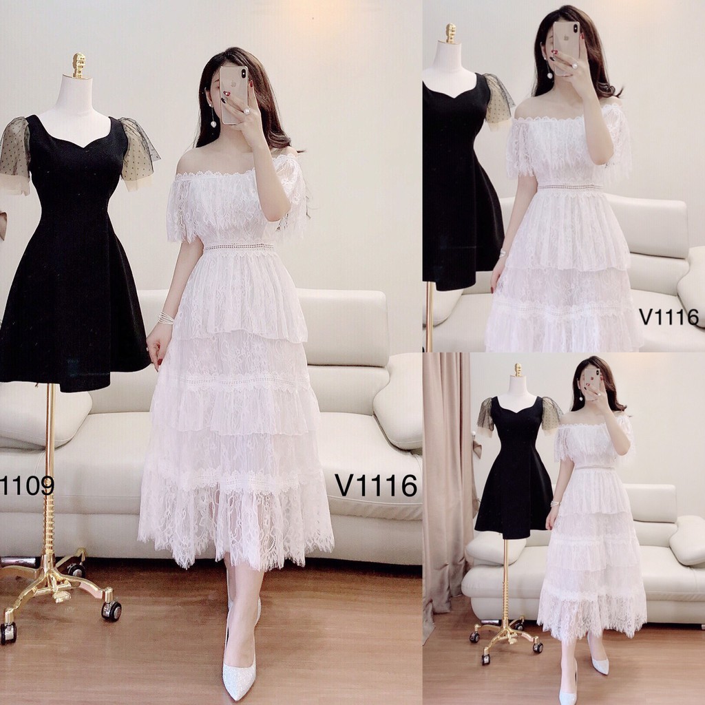 [ xả kho ] MiD Đầm ren trắng trễ vai 3 tầng V1116 Mie Design ảnh thật