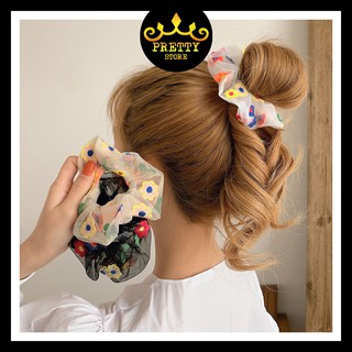Scrunchies Trắng Đen Thêu Hoa Siêu Đáng Yêu