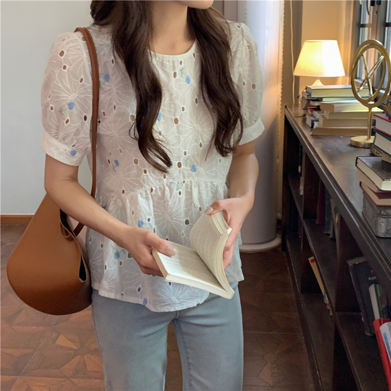 SUXI Áo Thun Tay Ngắn Cổ Tròn Thêu Họa Tiết Phong Cách Hàn Quốc Cho Nữ