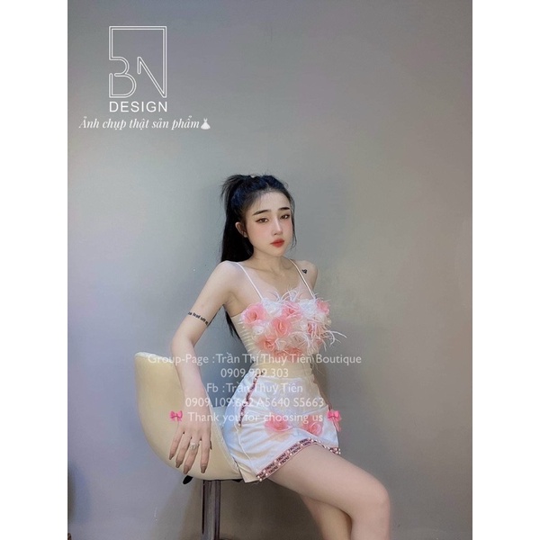 Set áo 2 dây đính hoa lông vũ chân váy viền ngọc