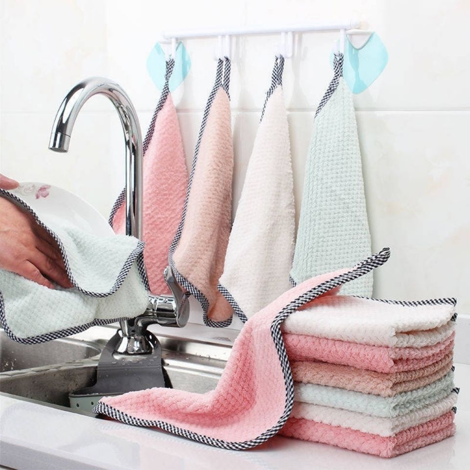 Set 10 Khăn Lau Tay Vải Mềm Viền Caro, Khăn Lau Nhà Bếp Đa Năng