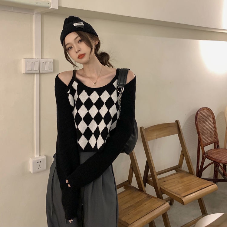 QKOOLE  Áo len dài tay trễ vai họa tiết kim cương phong cách Hàn Quốc thời trang cho nữ