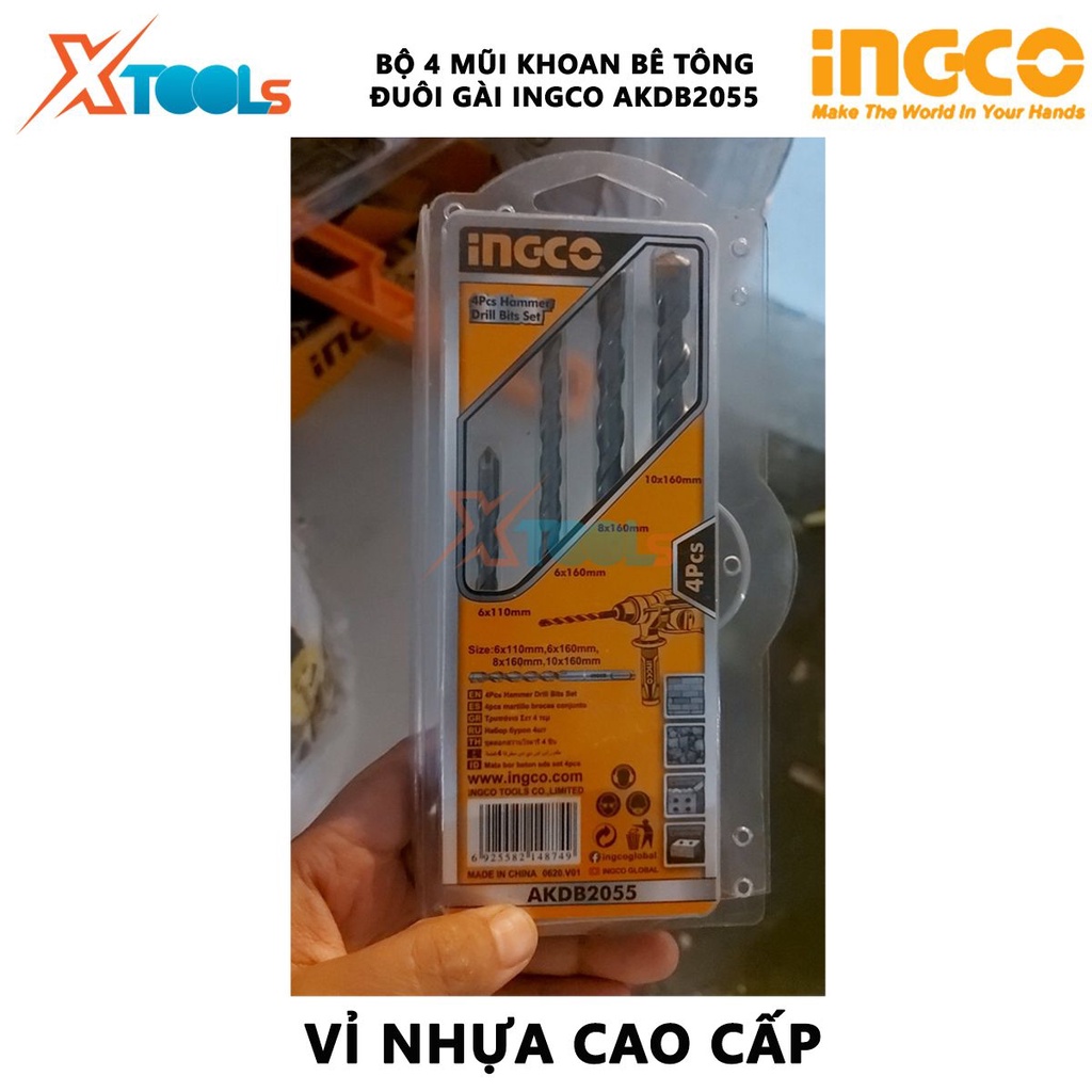 Bộ 4 mũi khoan bê tông đuôi gài INGCO AKDB2055 Bộ mũi khoan bê tông đuôi gài 4 chi tiết Kích thước: 6 * 110, 6 * 160, 8