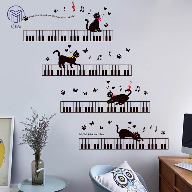 Miếng dán tường bằng PVC hình phím đàn piano & mèo dùng để trang trí