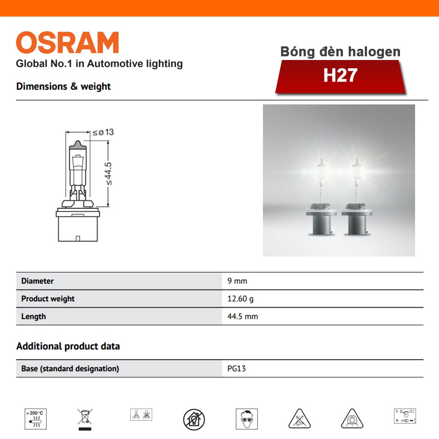[Mã BMBAU50 giảm 10% đơn 99k] Bóng Đèn Halogen OSRAM Original H27 12V 27W (Chân Thẳng) Nhập Khẩu Chính Hãng