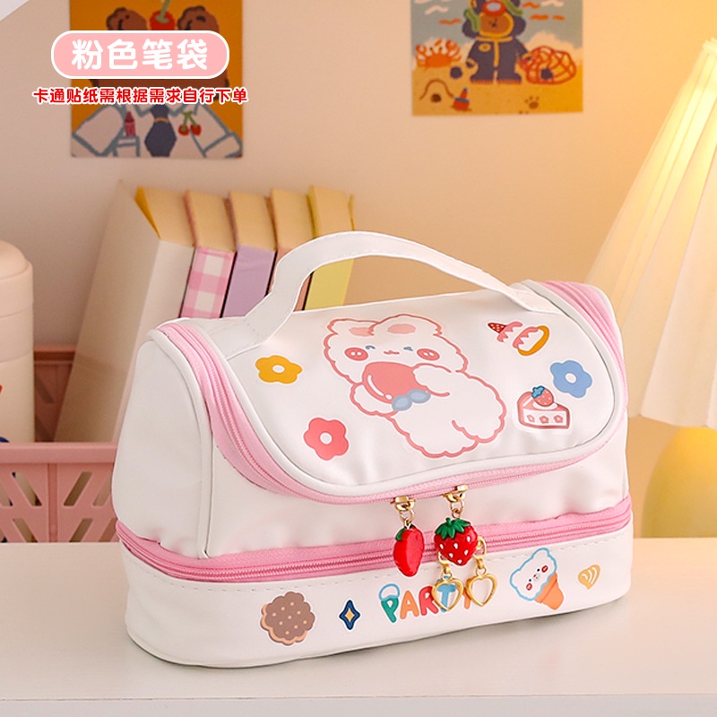 Hộp Đựng Bút / Mỹ Phẩm Hai Ngăn Sức Chứa Lớn Họa Tiết Hoạt Hình