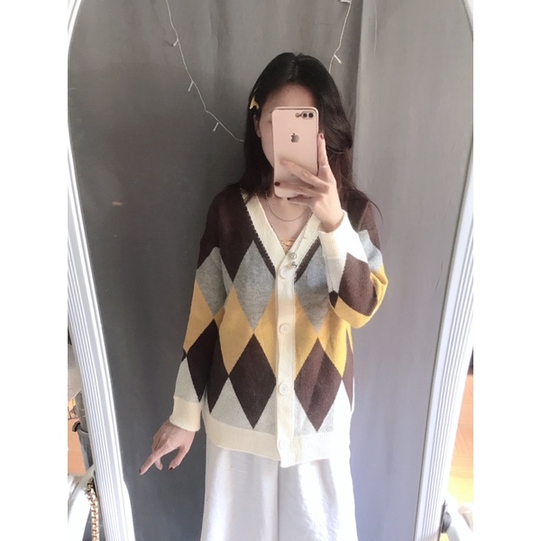 Áo khoác Cardigan len hoạ tiết trám phối màu, Áo khoác len dáng dài trùm mông(kèm ảnh/video shop chụp) | BigBuy360 - bigbuy360.vn