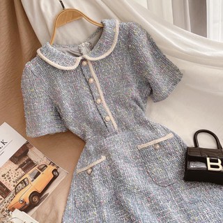 ẢNH THẬT - ĐẦM DẠ TWEED XANH CỔ SEN