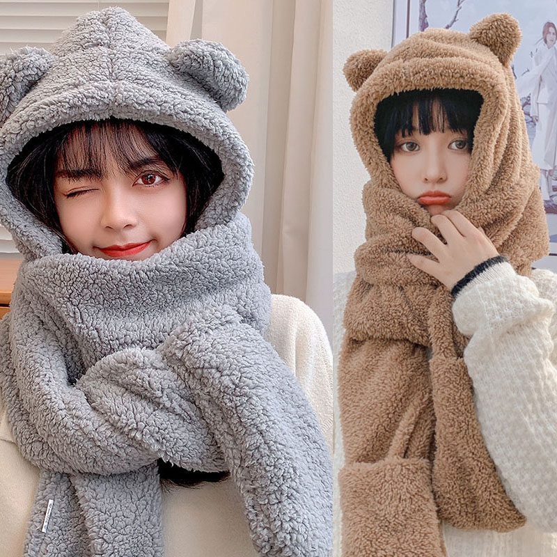 Khăn quàng cổ kiêm mũ trùm và găng tay thiết kế hình tai gấu dễ thương xinh xắn