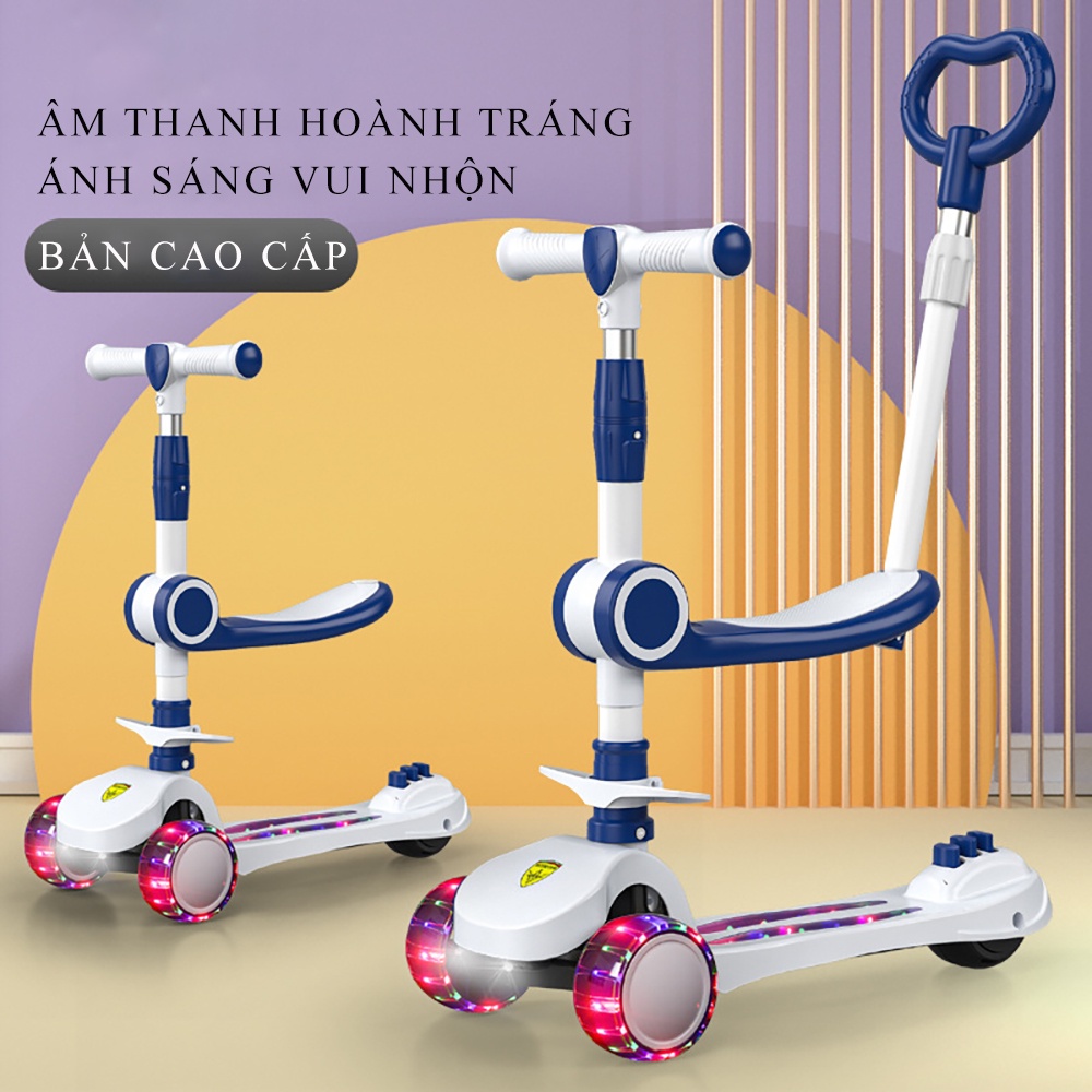 Xe trượt scooter bản cao cấp có ghế ngồi, bánh xe tích hợp đèn led có nhạc tay đẩy điều chỉnh độ cao phù hợp cho bé