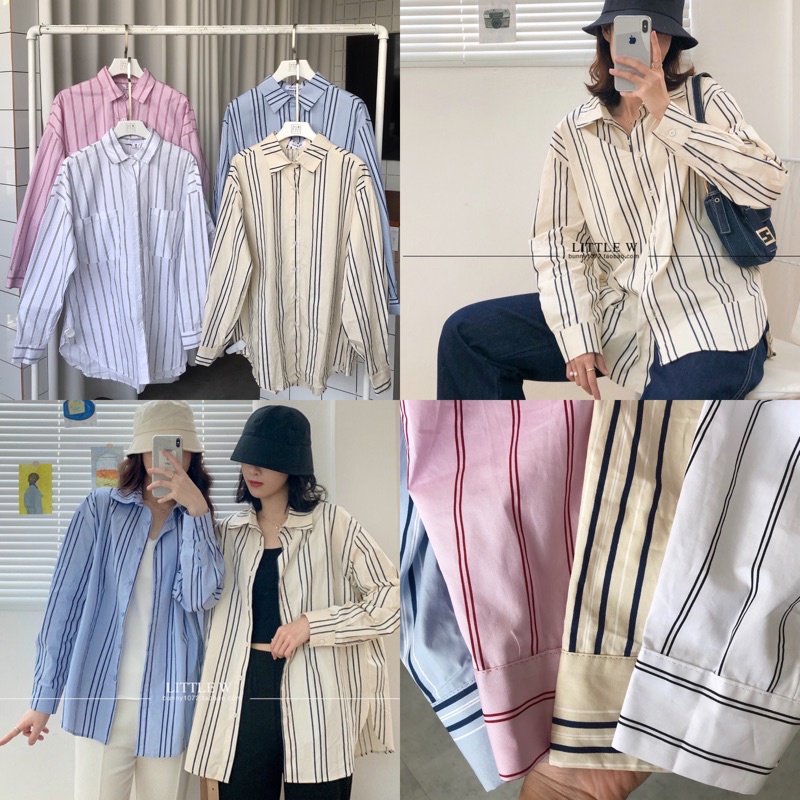 Áo sơ mi kẻ sọc mùa hè phom oversized chất cotton mịn mát - AV818